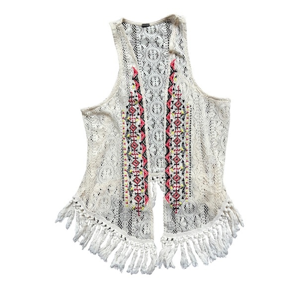 POOF Aztec Embroidered Fringe Needlework Vest Size Large - Picture 1 of 6